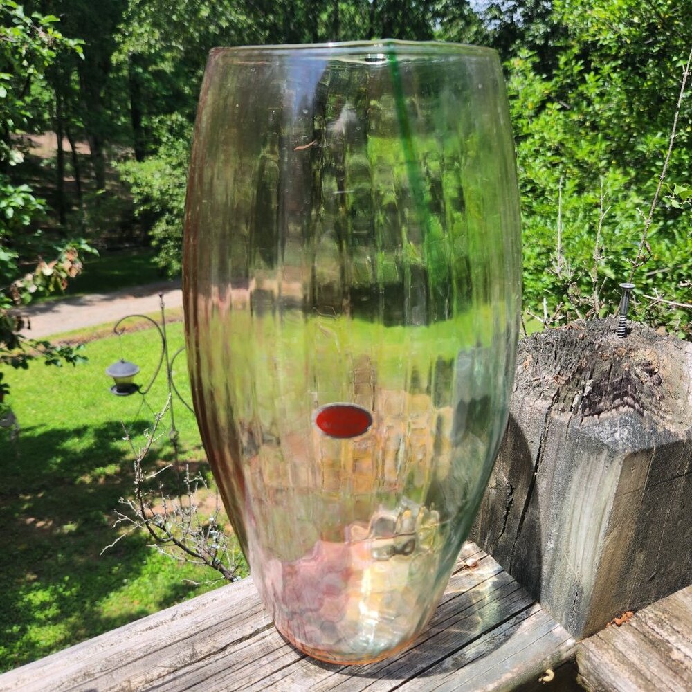 Murano Textured Optic Glass Vase 12" Tall Green Red Yellow Swirls Iridescent Ita